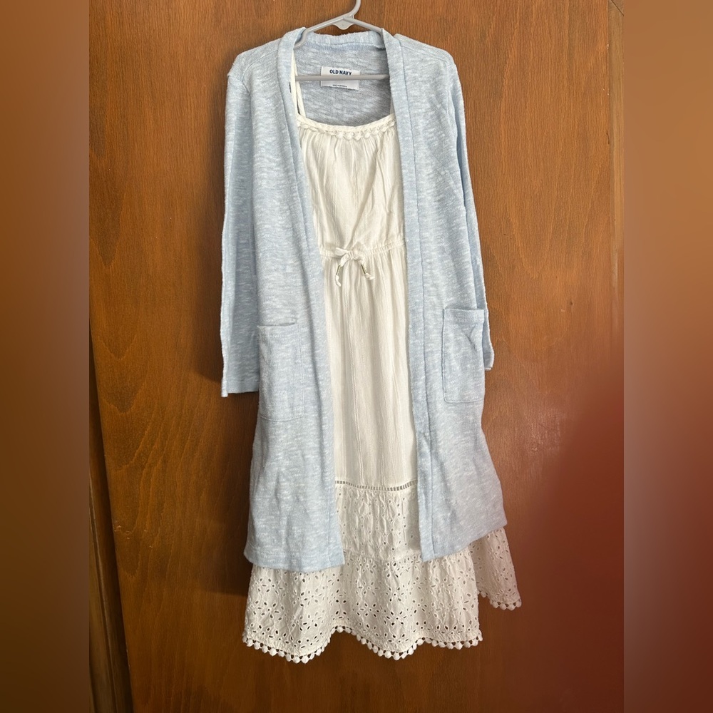 Old Navy Kid's Light Blue Cardigan & Cat and Jack White sleeveless Dress